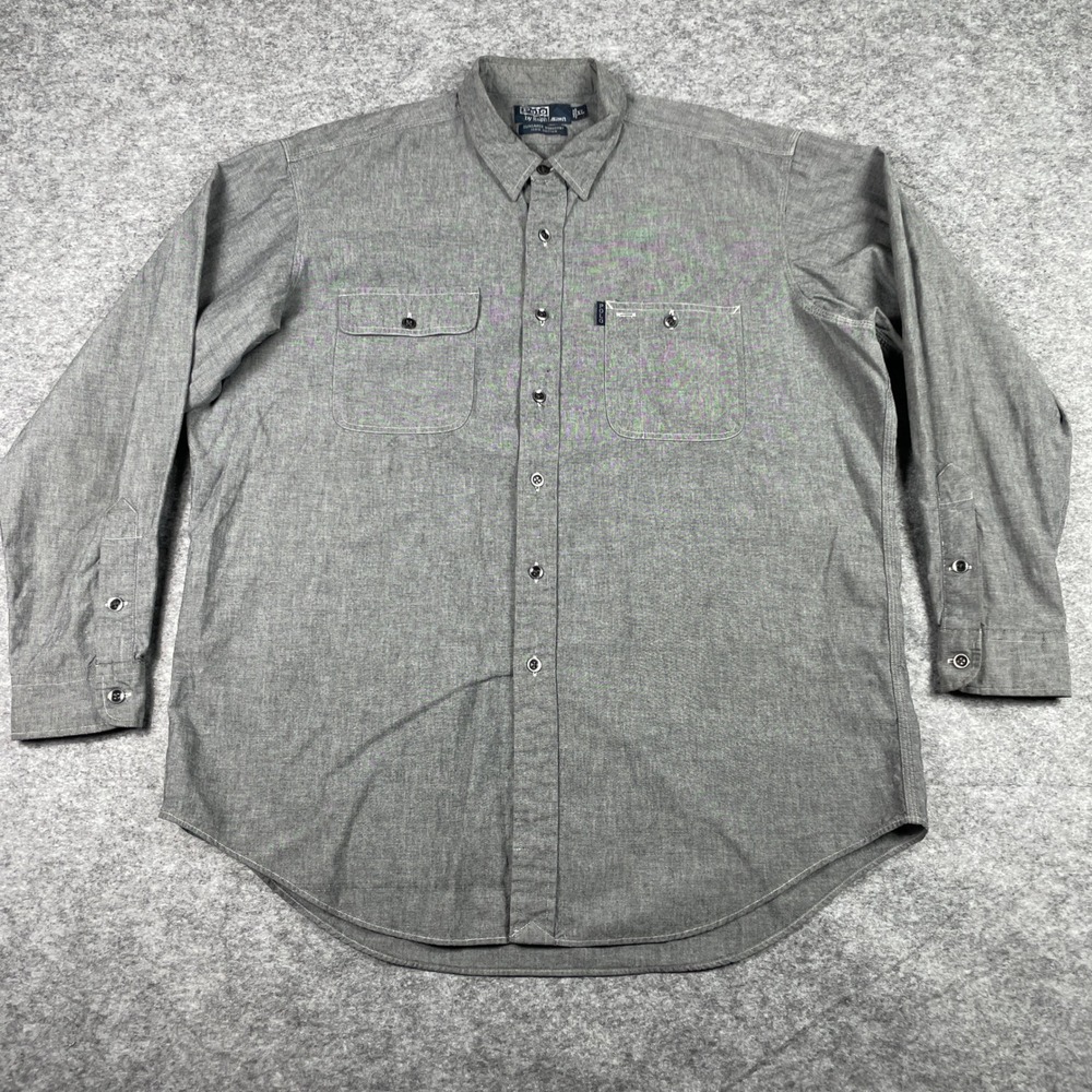 Polo Ralph Lauren Shirt Mens XL Gray Dungaree Workshirt Long Sleeve Vintage 90s